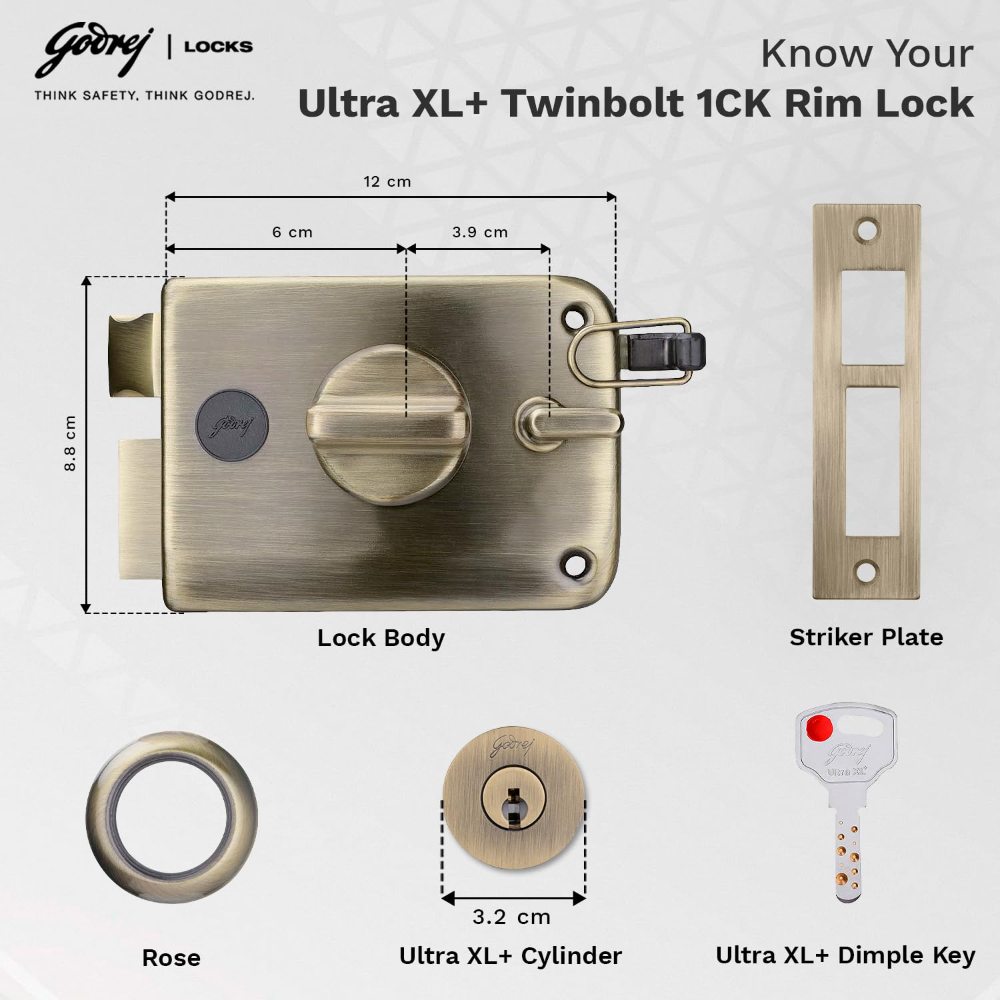 Godrej Rim Lock I Twinbolt Ultra XL plus I 1CK Latchbolt I For Outside Opening Door l LeftorRight Handed Doors I 4 Keys I 5-Year Warranty I Automatic Locking l Antique Copper Finish